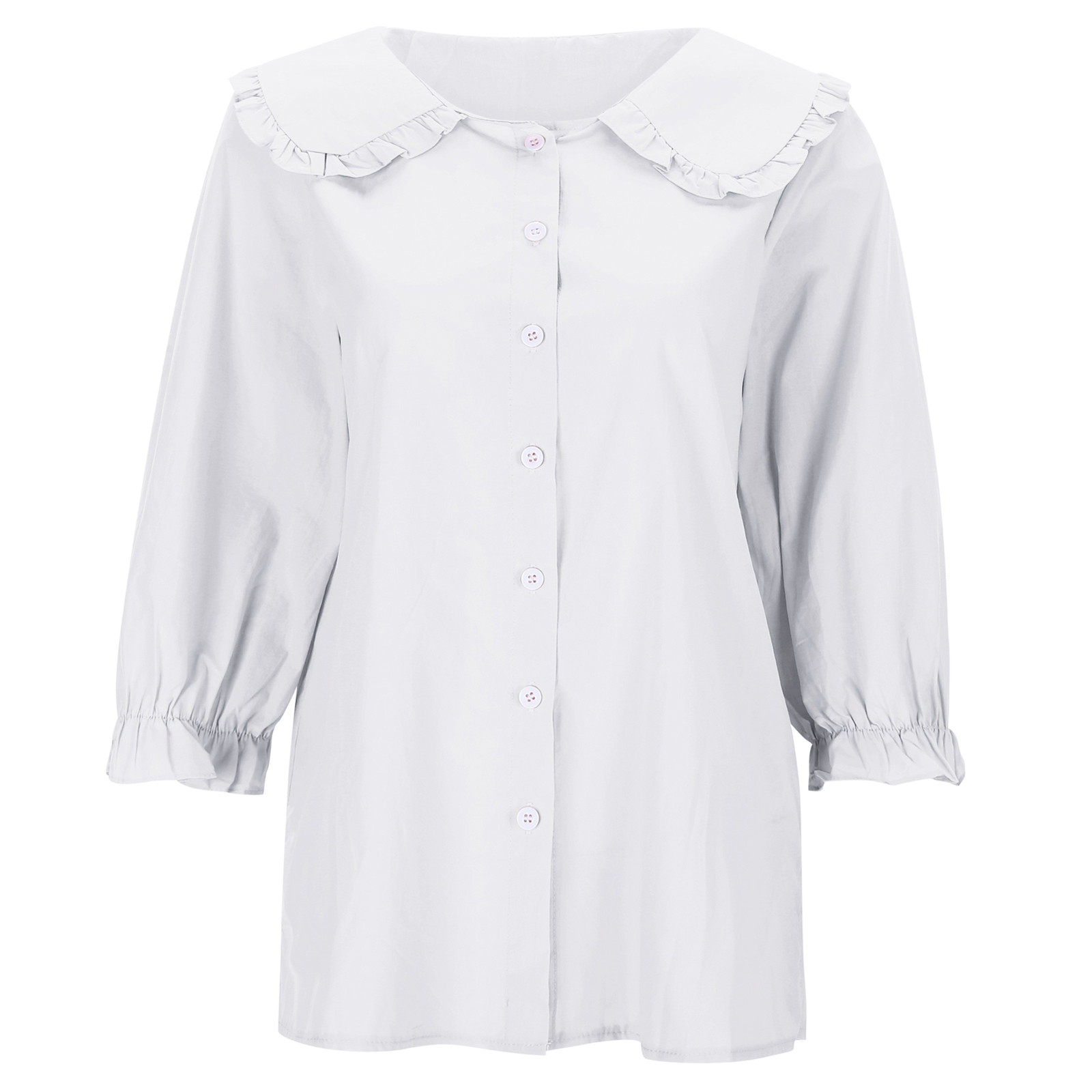 thumbnail image 4 of Camisa de lino de color liso con botones y manga 3/4 para mujer - Top bordado de mezcla de algodón, tallas S-XXXL, 4 of 8